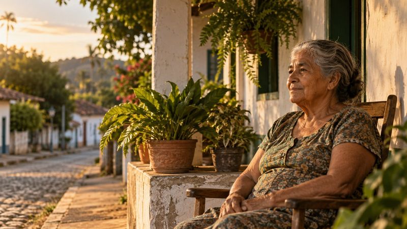 Senhora idosa sentada na varanda de uma casa simples, olhando para a rua