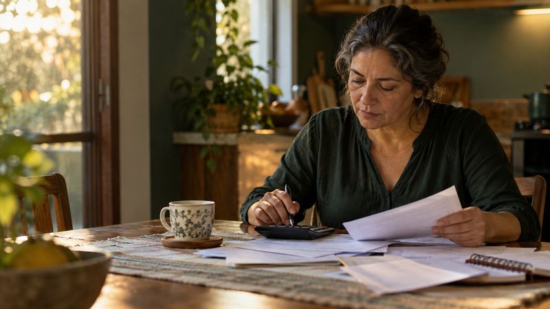 Pessoa de meia-idade fazendo contas com papéis e calculadora em uma mesa de cozinha