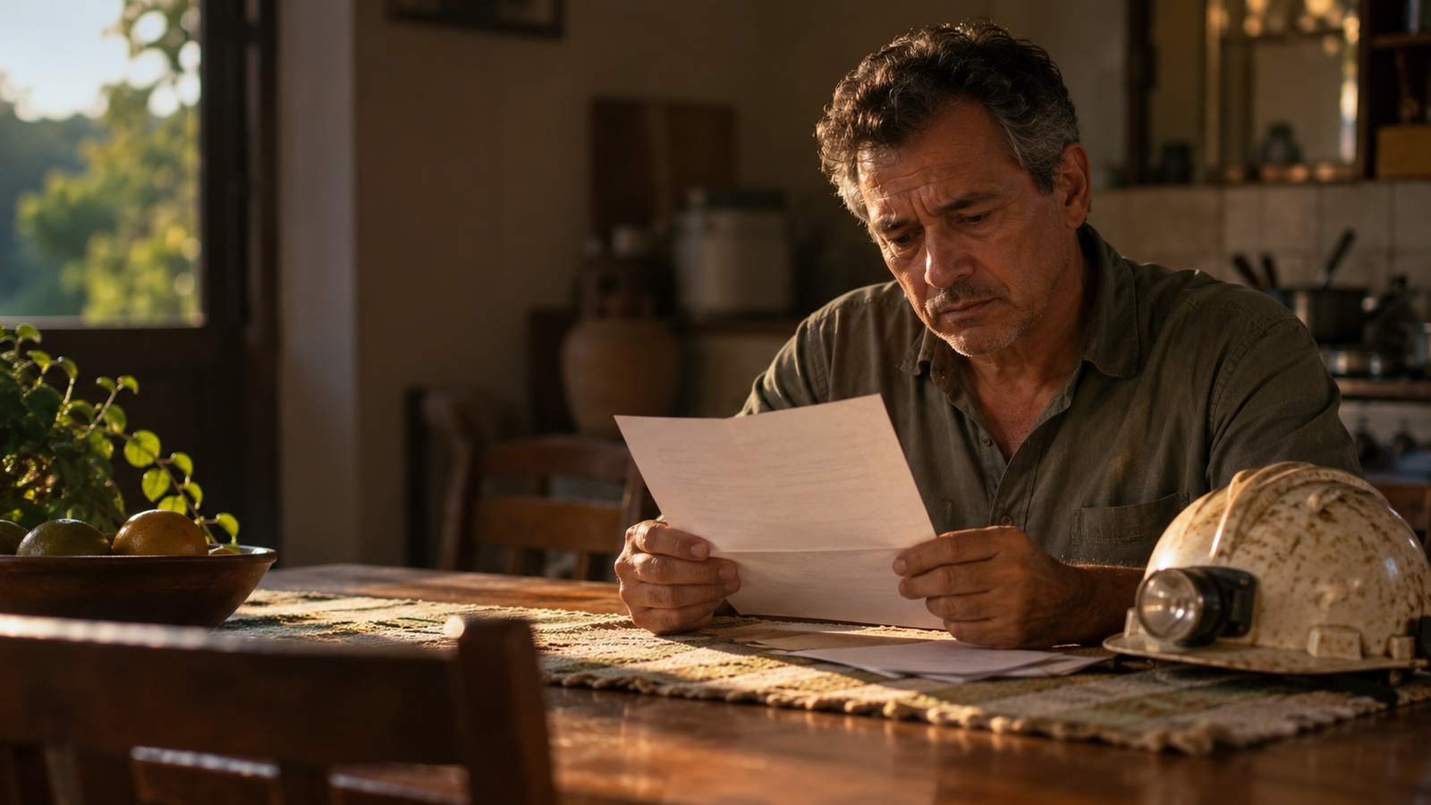 Trabalhador lendo uma carta sentado à mesa, com um capacete de mineração ao lado