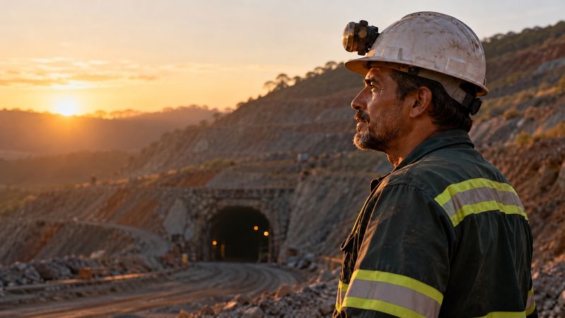 Minerador de capacete observando a entrada de uma mina ao amanhecer