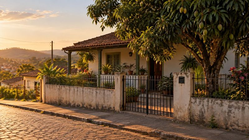 Casa simples com muro e portão em uma rua de bairro, sob luz de fim de tarde